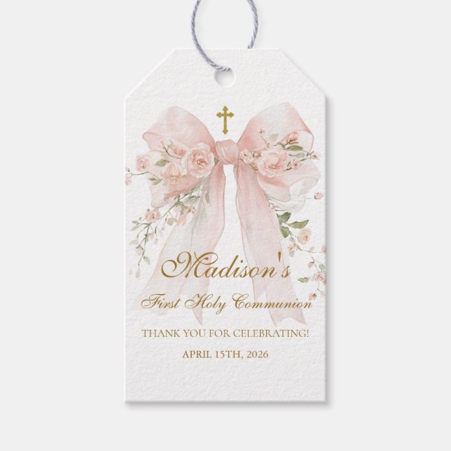 Floral Bow First Holy Communion Favour Tag (Front)