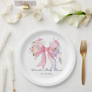 Floral Bow Flowers Girl Baby Shower Paper Plate
