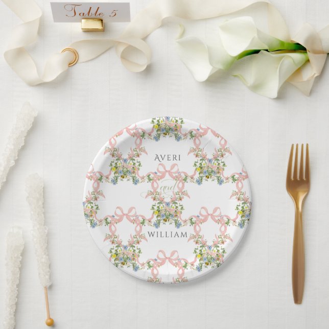 Floral Bow Garden Rustic Elegant Photo Wedding Paper Plate (Wedding)