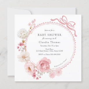 Floral Bow Pink Baby Shower  Invitation
