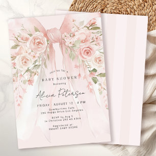 Floral bow pink flowers elegant girl baby shower invitation
