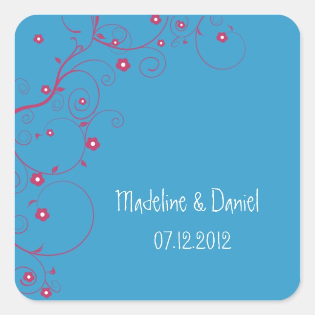 Floral Branch- Save the date labels(blue) Square Sticker (Front)