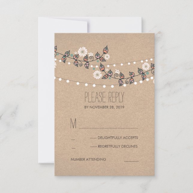 Floral Branches String of Lights Wedding RSVP Card (Front)