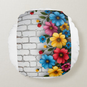 Floral Brick Wall Sherpa Throw Round Pillow
