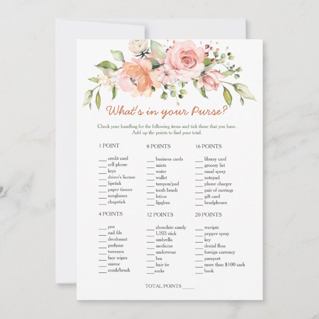 Floral Bridal Purse game/Wedding Scramble Invitation (Front)