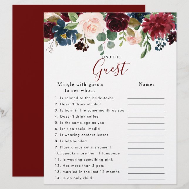 Floral Bridal Shower Find the Guest Game (Front/Back)