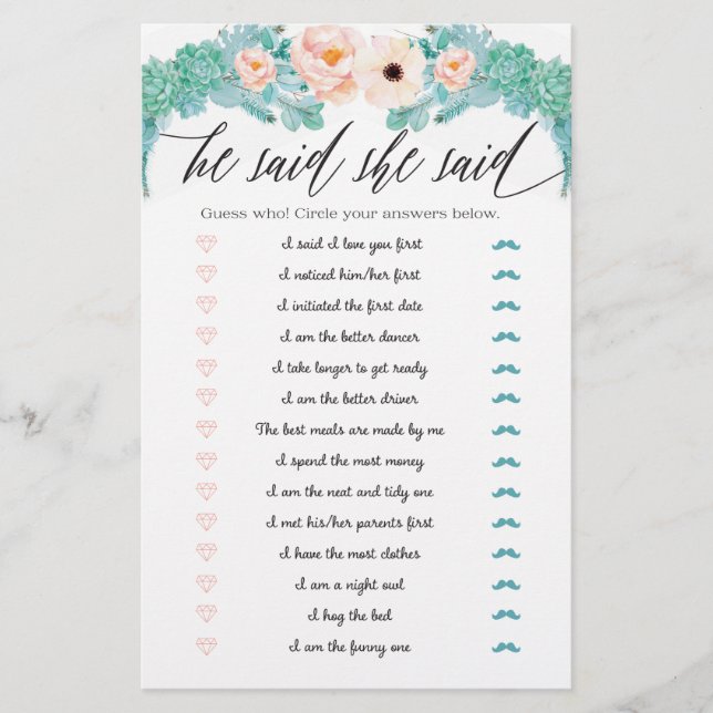 Floral Bridal Shower Game He Said She Said (Front)