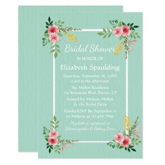 Floral Bridal Shower Mint Green Pink Rose Flowers Card