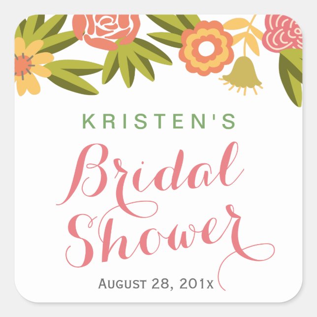 Floral Bridal Shower | Modern Calligraphy Script Square Sticker (Front)