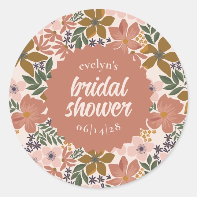 Floral Bridal Shower or Wedding Personalized Classic Round Sticker (Front)