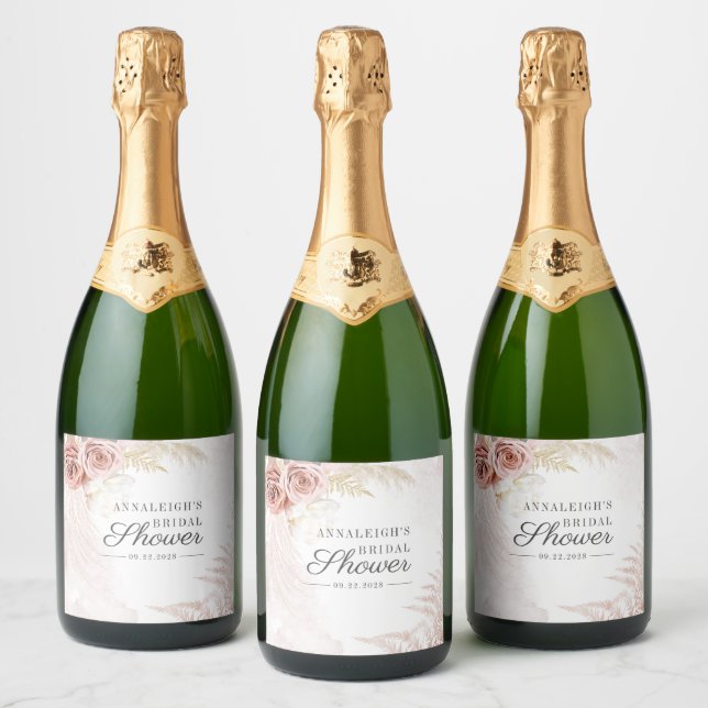 Floral Bridal Shower Pampas Grass Terracotta Sparkling Wine Label (Bottles)