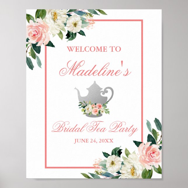 Floral Bridal Shower Tea Party Pink Silver Welcome Poster (Front)