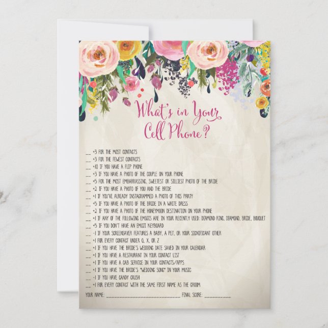 Floral Bridal Shower What's in Your cell Phone Gam (Front)