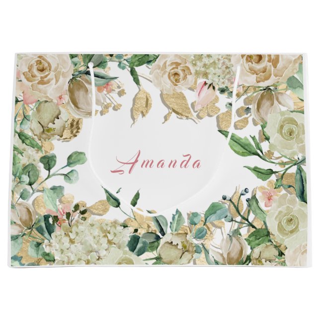 Floral Bridal Wedding Birthday Roses Mint Blush Large Gift Bag (Front)