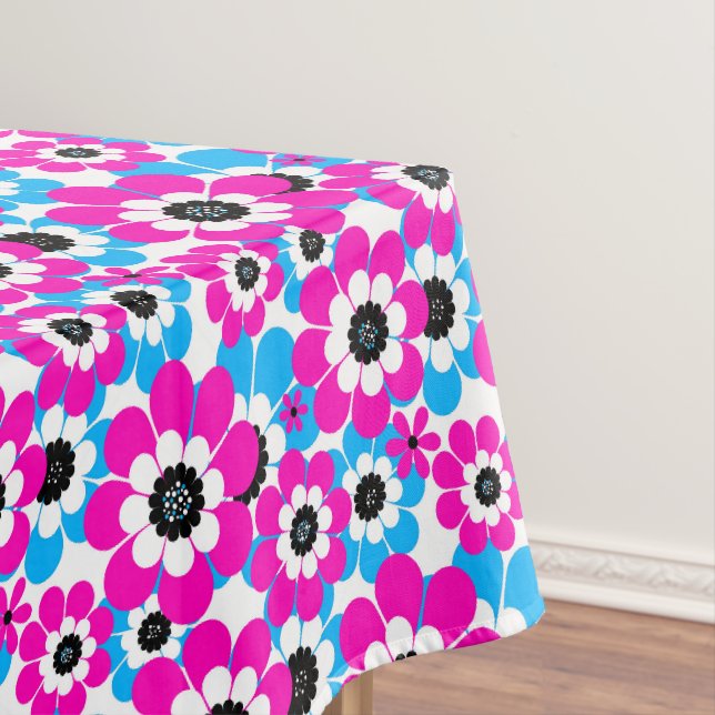 Floral bright neon pattern bright crimson and blue tablecloth (In Situ)