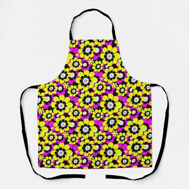 Floral bright neon pattern crimson and yellow flow apron (Front)