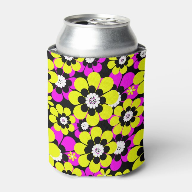 Floral bright neon pattern crimson and yellow flow can cooler (Can Front)