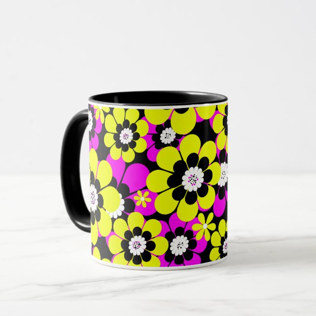 Floral bright neon pattern crimson and yellow flow mug (Front Left)