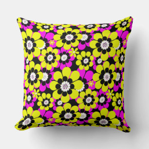 Floral bright neon pattern crimson and yellow flow throw pillow