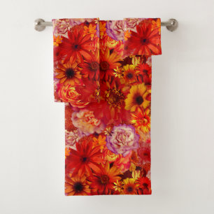 Floral Bright Rojo Bouquet Rich Red Hot Daisies Bath Towel Set