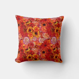 Floral Bright Rojo Bouquet Rich Red Hot Daisies Throw Pillow