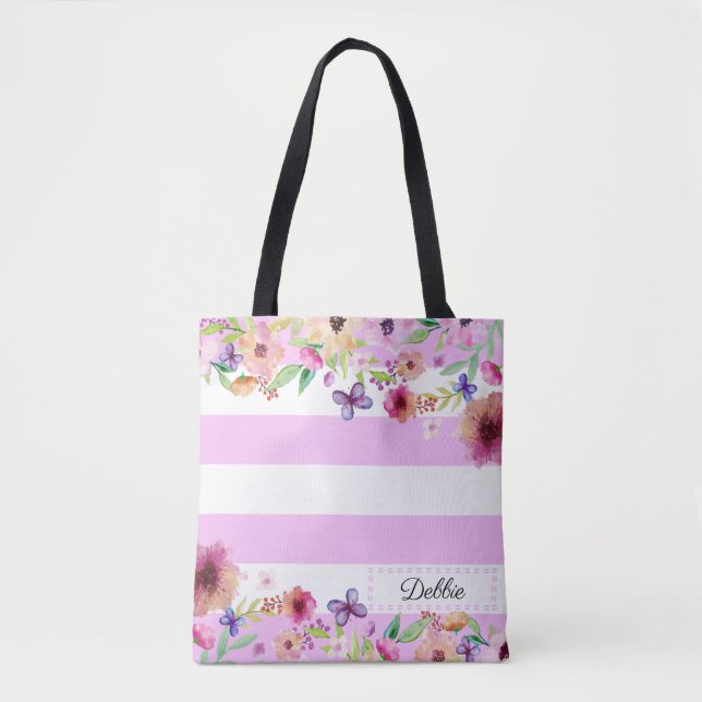 Floral Brilliant Lavender Striped Tote Bag (Front)
