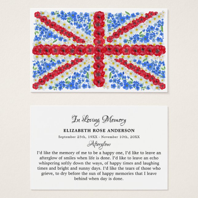 Floral British Flag Memorial Funeral Prayer Card (Devant & derrière)