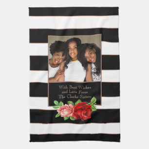 Floral Bronze Black & White Stripe - Custom Photo Kitchen Towel