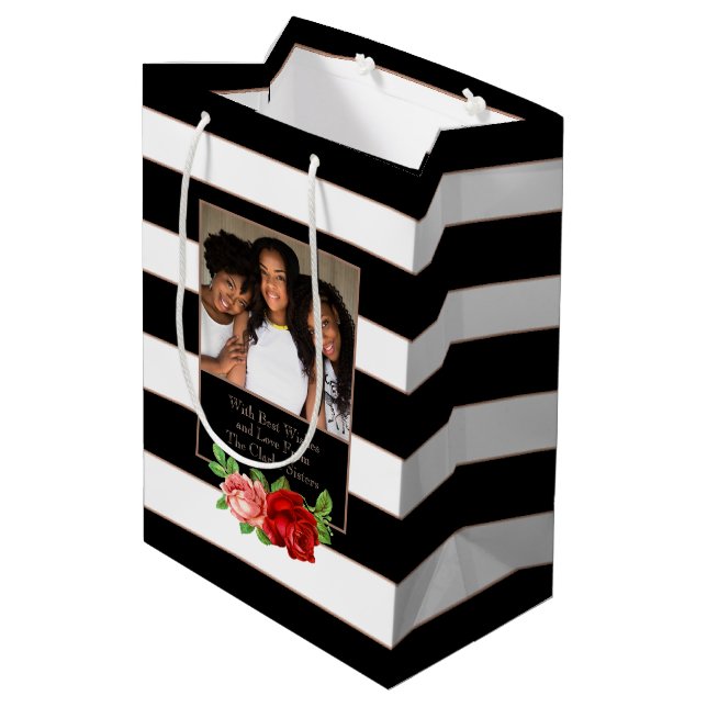 Floral Bronze Black & White Stripe - Custom Photo Medium Gift Bag (Back Angled)