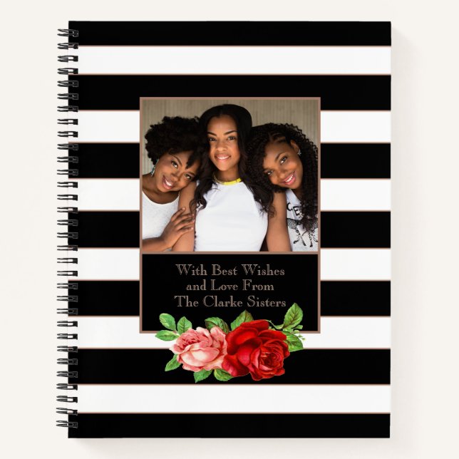 Floral Bronze Black & White Stripe - Custom Photo Notebook (Front)