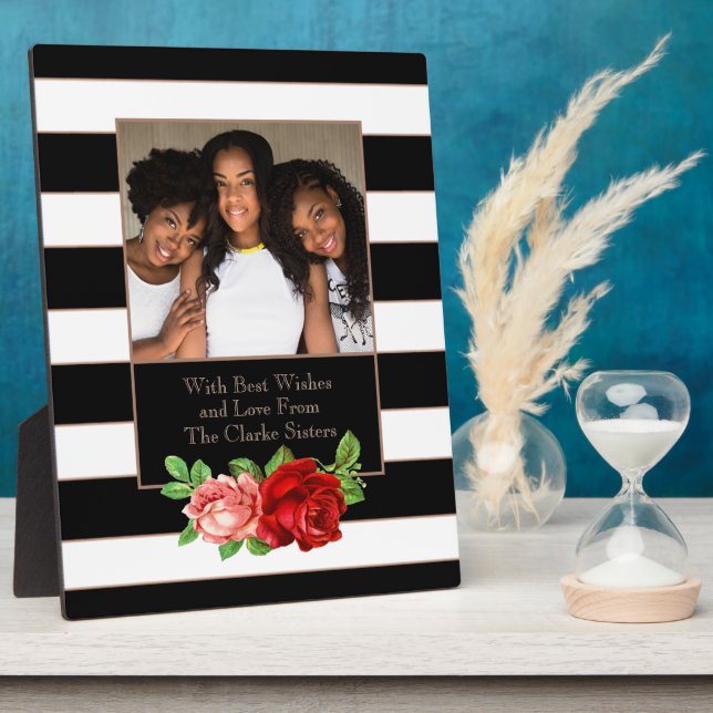 Floral Bronze Black & White Stripe - Custom Photo Plaque (Side)