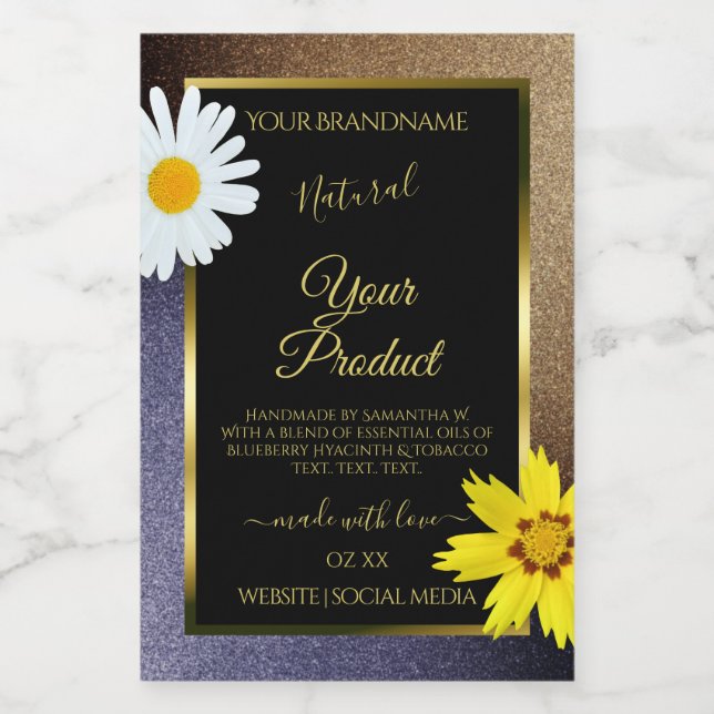 Floral Brown and Blue Glitter Black Product Labels (Single Label)