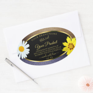 Floral Brown and Blue Glitter Black Product Labels