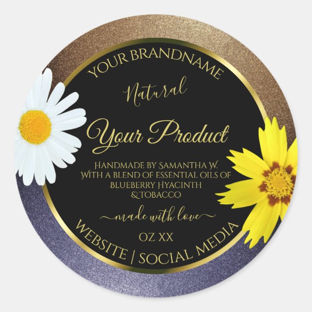 Floral Brown and Blue Glitter Black Product Labels (Front)