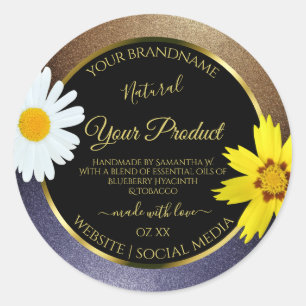 Floral Brown and Blue Glitter Black Product Labels