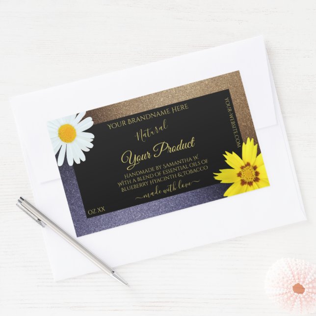 Floral Brown and Blue Glitter Black Product Labels (Envelope)