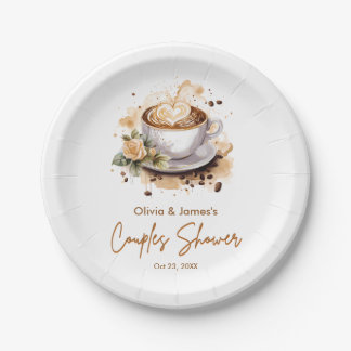 Floral Brown Coffee Themed Wedding Couples Shower Paper Plate