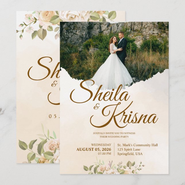 Floral Brown Pastel Elegance Wedding with Photo Invitation (Front/Back)
