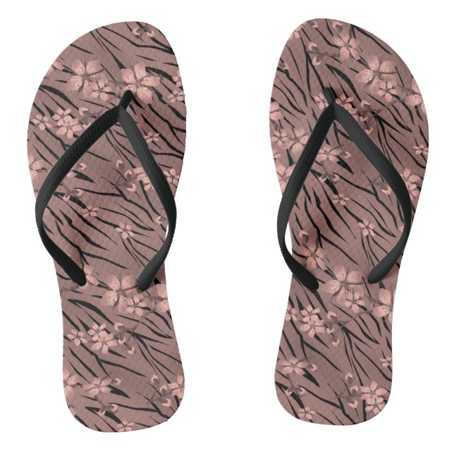 Floral, brown, tiger pattern flip flops (Footbed)