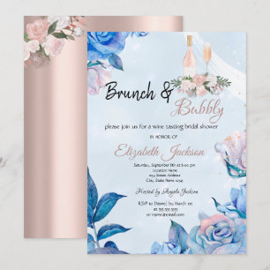 Floral Brunch & Bubbly Blue Bridal Shower  Invitation