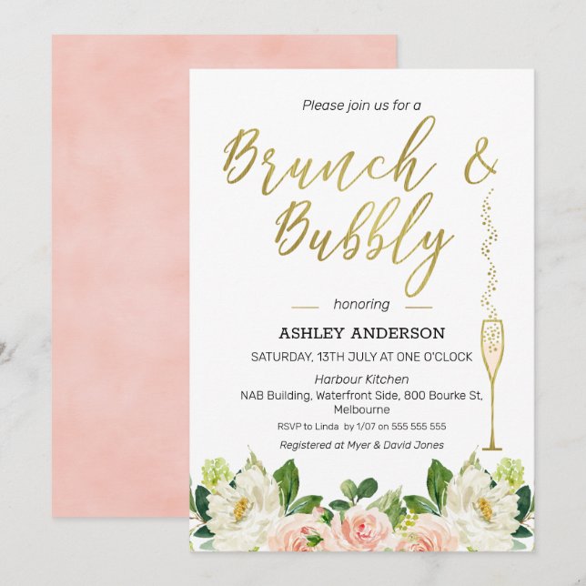 Floral Brunch Bubbly Bridal Shower Invitation (Front/Back)