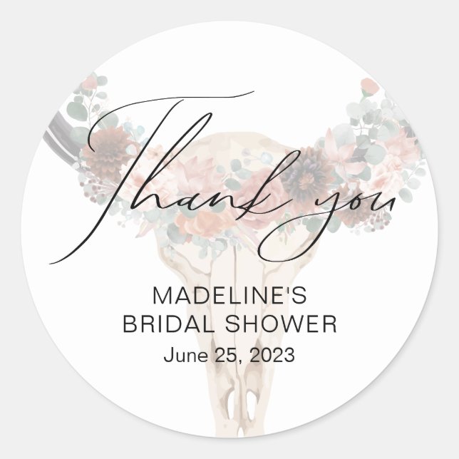 Floral Bull Skull Bridal Shower Thank You Classic Round Sticker (Front)