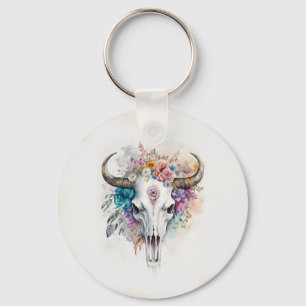 Floral Bull Skull Watercolor Art Keychain