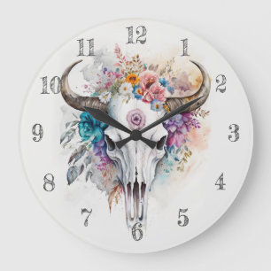 Floral Bull Skull Watercolor Art Large Clock