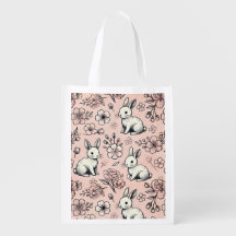Floral Bunny Blossoms | Pink Doodle Pattern Tote 