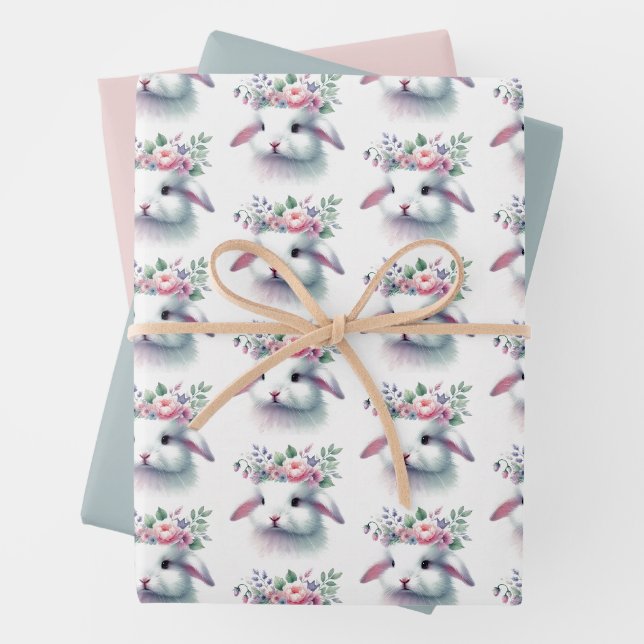 Floral Bunny Easter Wrapping Paper Sheet Set of 3 (In situ)