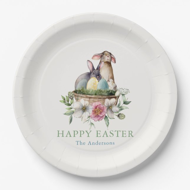 Floral Bunny Eggs Happy Easter Paper Plates (Front)