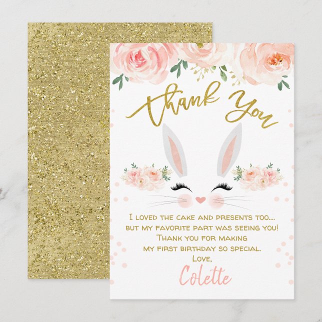 Floral bunny face birthday thank you card (Front/Back)