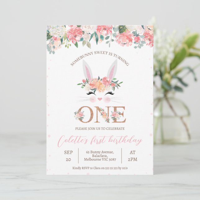 Floral Bunny Face Some Bunny 1st Birthday Invitation (Standing Front)
