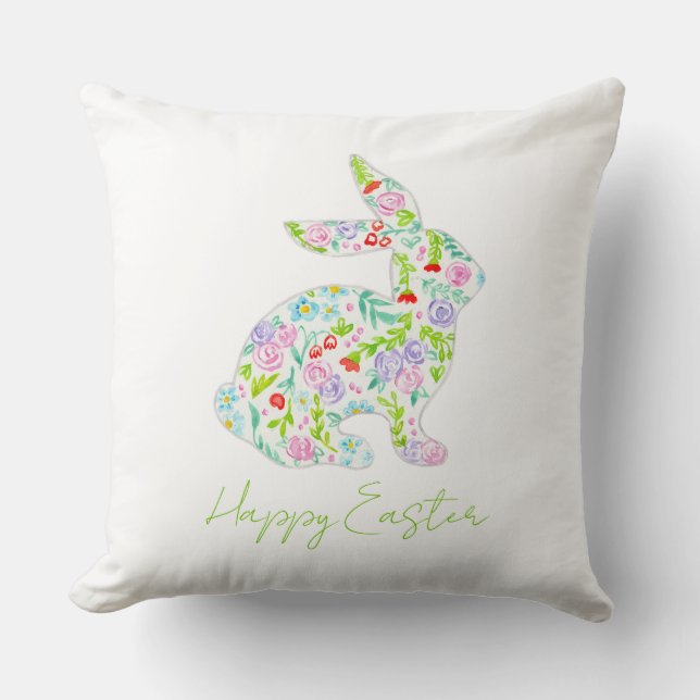 Floral Bunny HAPPY EASTER Spring Colourful Fun Throw Pillow (Front)